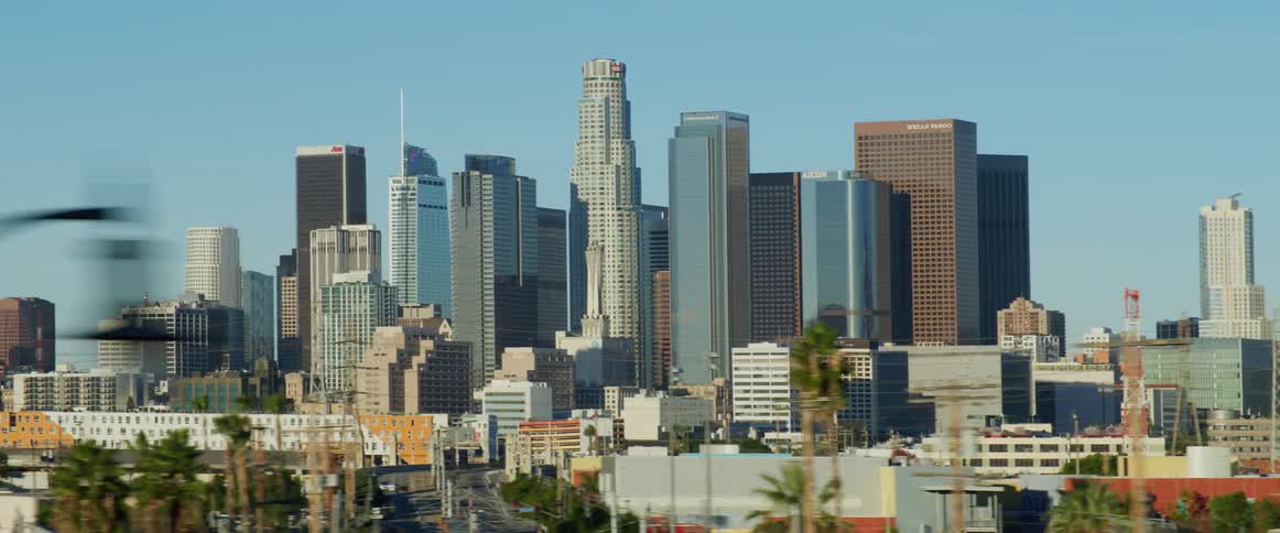 Skyline of los angeles seen from a moving vehicle