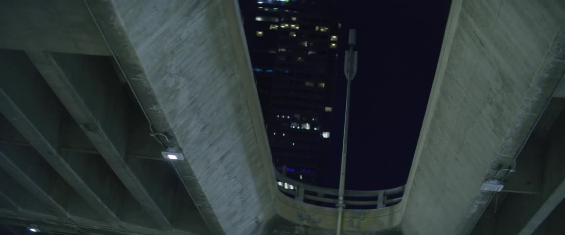 Skyscrapers tower over parallel overpasses at night
