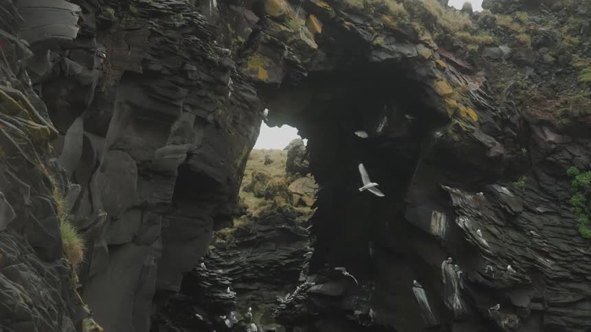 Seagulls fly under a rock arch in the coast