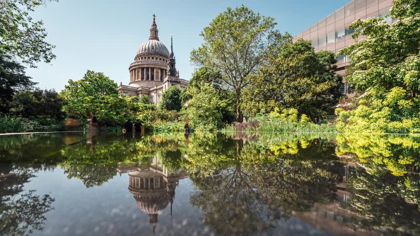 A still lake is reflecting the trees and people around it