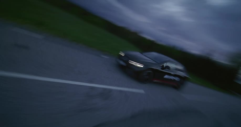 Black vehicle speeding on a road beside a forest on a day with a dawn sky