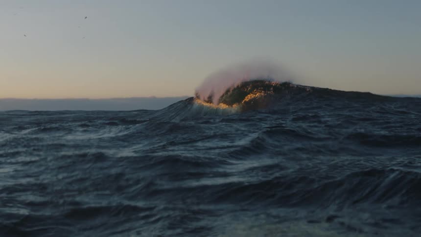 A large wave breaking in the sea which is very busy