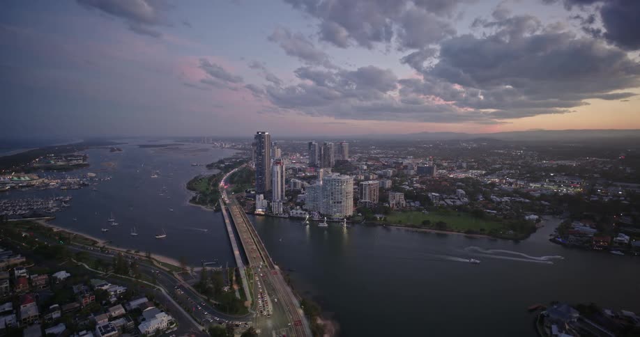 Aerial panorama of a metropolis by the sea under a morning sky