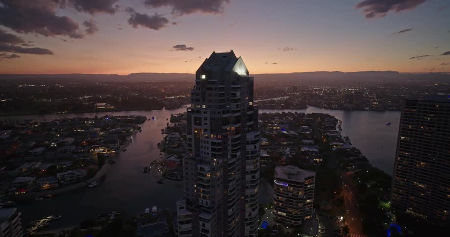 Aerial view of a skyscraper at dusk