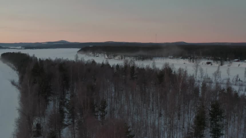 Aerial view of snow covered forest at dusk