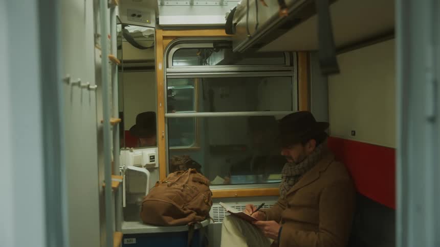 Man wearing a black hat and a brown coat travels by train