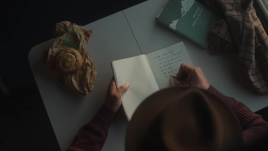 A person wearing a cowboy hat is writing on a journal