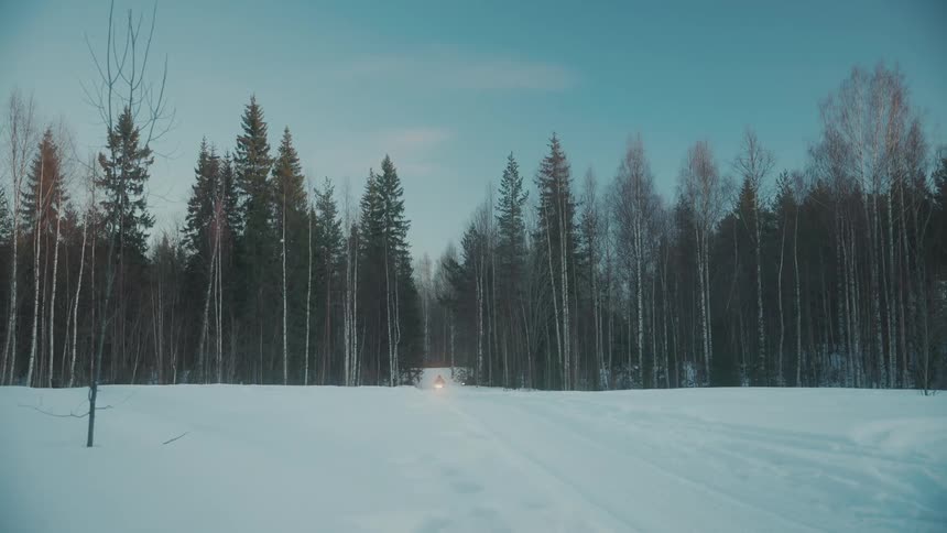 A clip of two snow motorcycles coming out from the woods