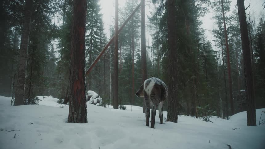 A bull elk stands in an evergreen forest on a snowy winter day