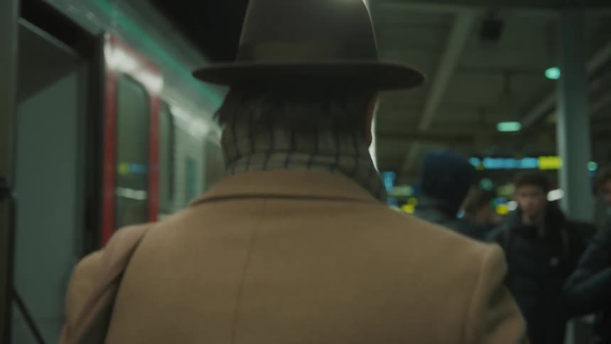 A person is turned away wearing a hat and walking in a train terminal