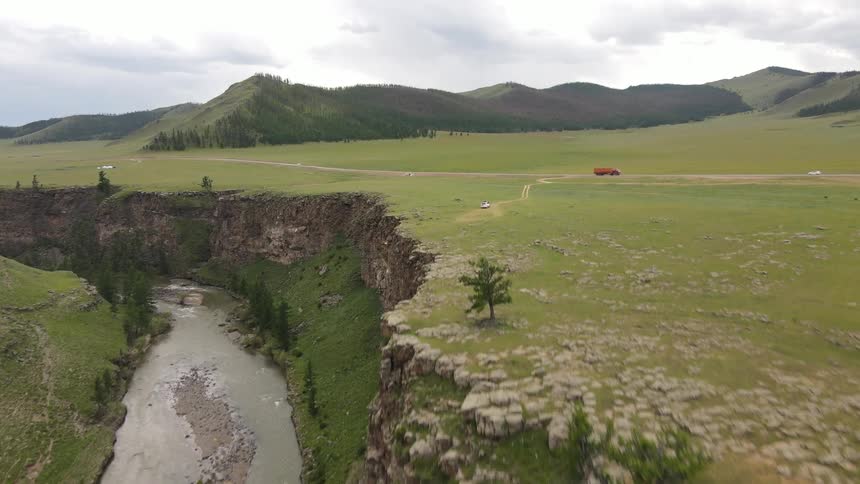 Aerial of a rural landscape with rivers and mountains