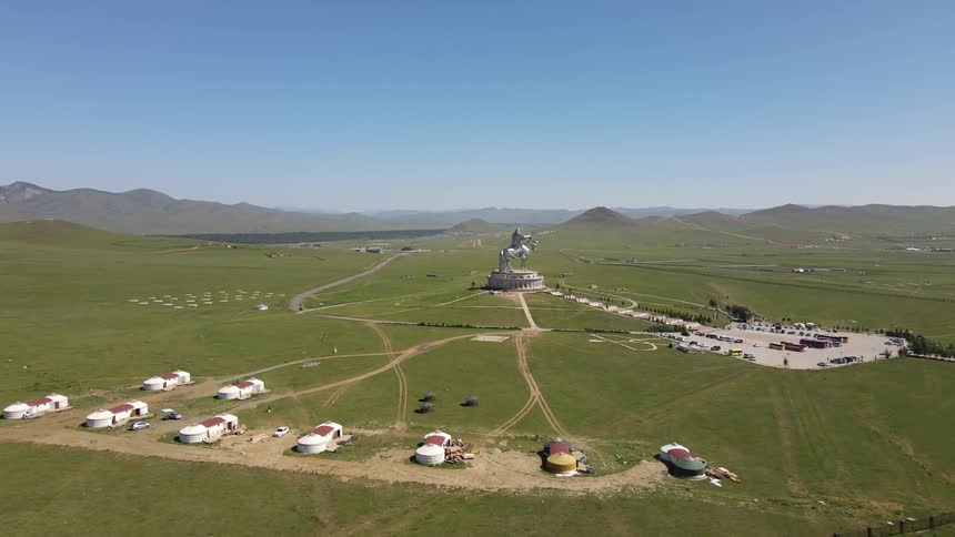 Aerial of a historical monument in a small rural town