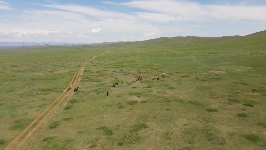 Farmer on a motorcycle herds horses in the plains