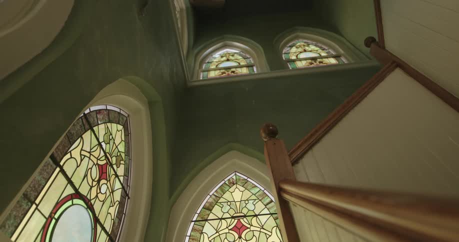Stained glass windows in a church tower
