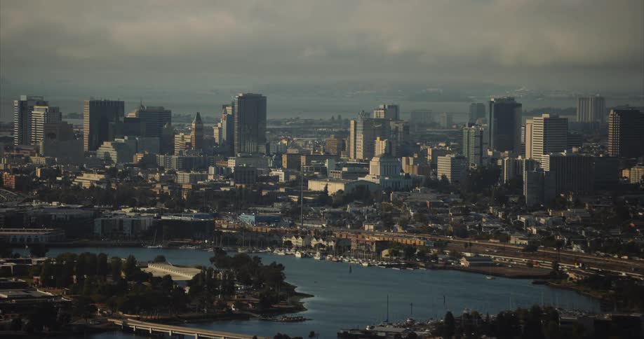 Helicotper view of the Oakland, California, skyline