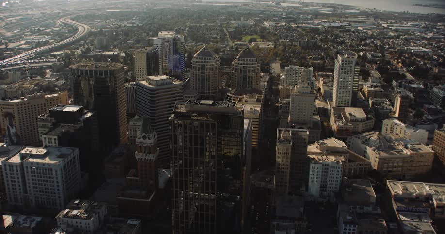 Helicotper view of the skyscrapers in downtown Oakland, CA