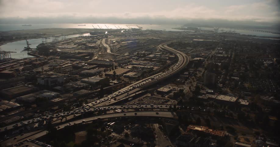 Helicotper view of Oakland, California, The Port of Oakland, and the San Franisco Bay