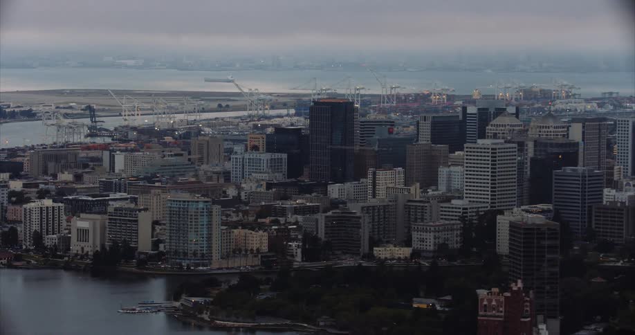 Downtown Oakland, California and the San Francisco Bay at twilight