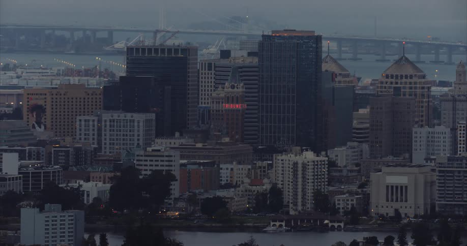 Downtown Oakland California in foggy twilight