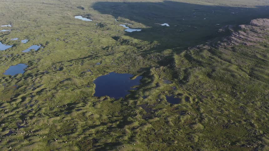 A plateau with grass and some water areas