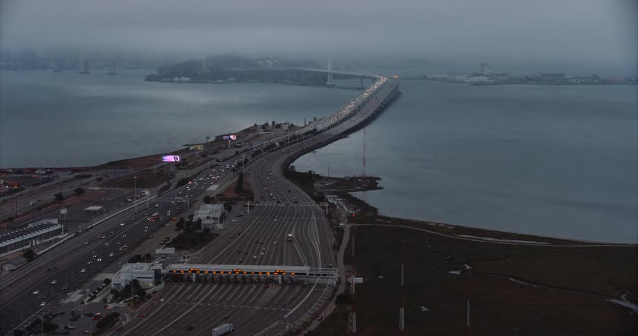 The Oakland Bay Bridge and the San Francisco Bay in late afternoon fog