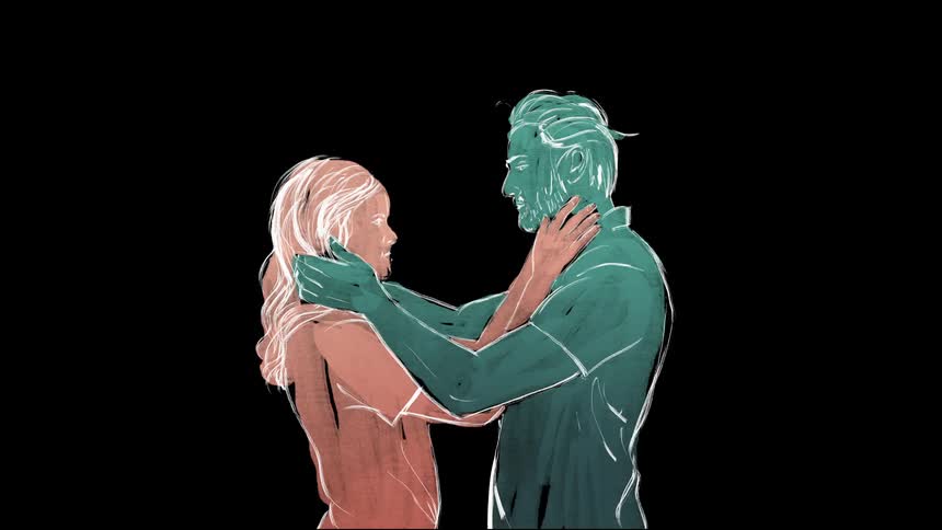An animated man and woman hug and caress each other