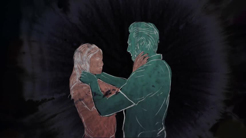 An emotional embrace of two figures in orange and green