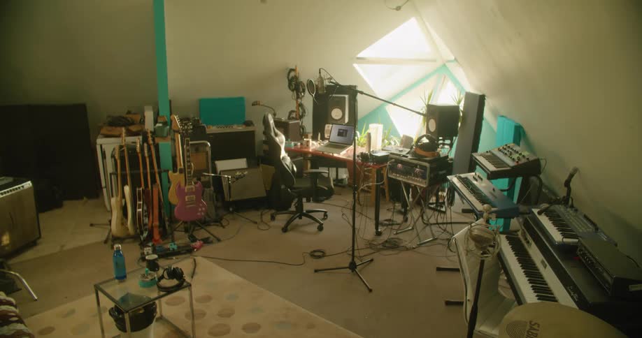 A music room with musical instruments