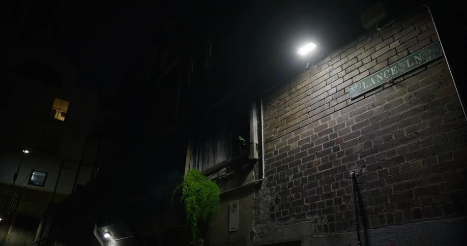 Nighttime view of an urban neighborhood