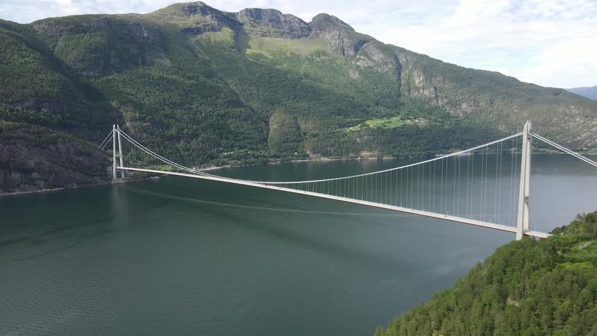 Aerial view of a bridge over a wide river