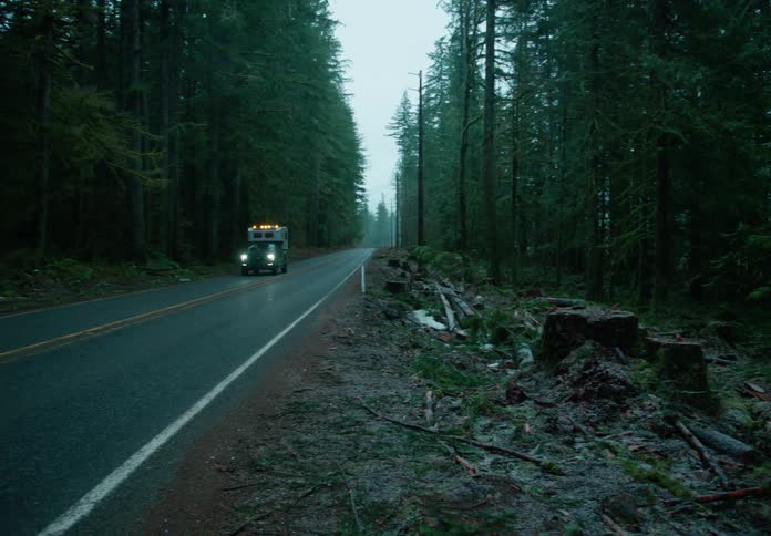 A pickup truck with a camper shell is driving on a road surrounded by dense forest
