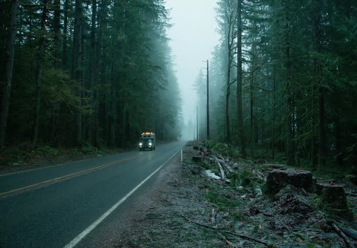 A car driving on an asphalt street through trees while it rains