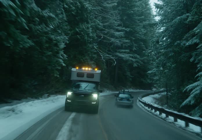 Truck with camper shell drives along highway through a conifer forest in winter