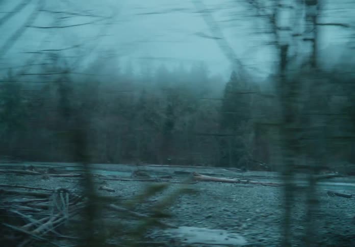 Highway parallels water across frosted plain from forest and foggy mountains during winter