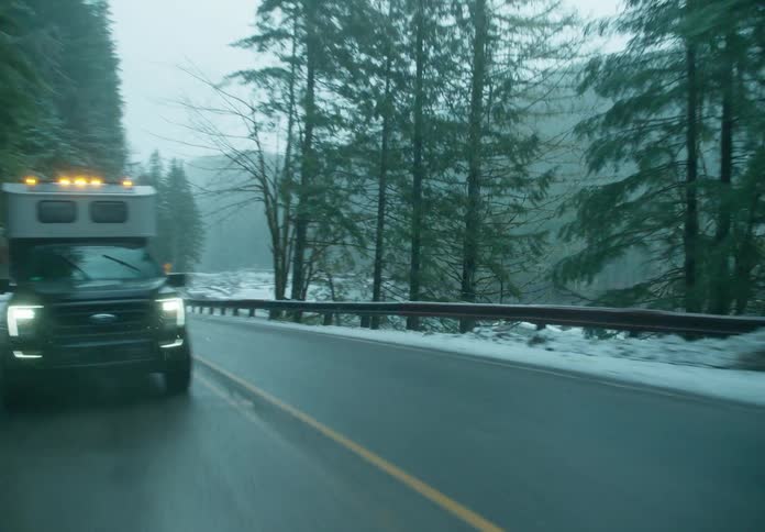 In the winter a truck drives on a lonely road in the country side