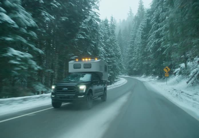 Pickup with camper shell drives down highway through snow covered conifer forest in winter