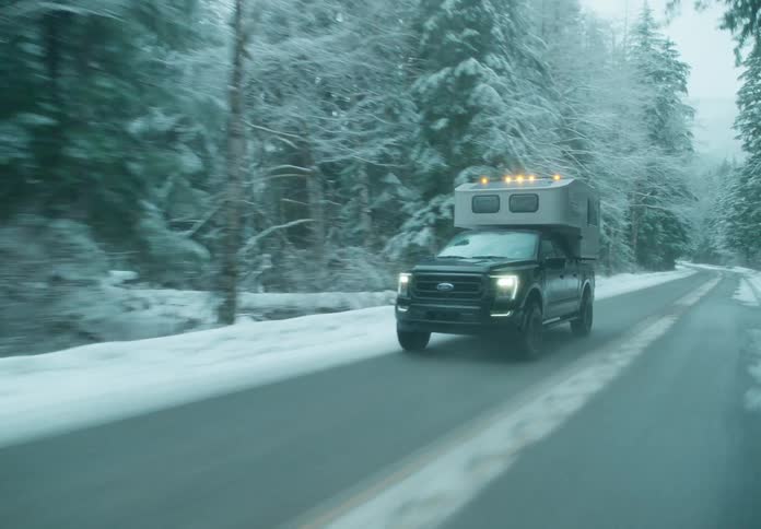 A pickup truck driving along a deserted road in the snowy forest