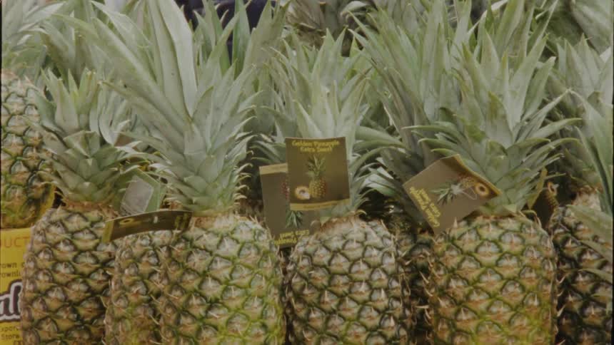 A shelf with several pineapples for sale - 16mm