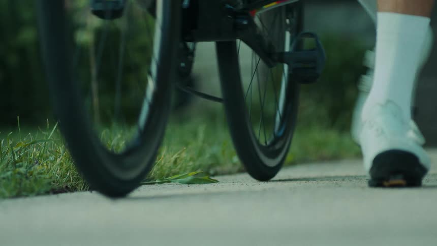 The legs of a person pushing a bike along a path
