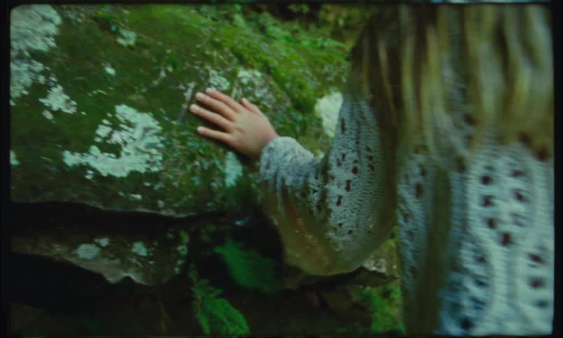 A blonde womans hand is being passed on a mossy rock