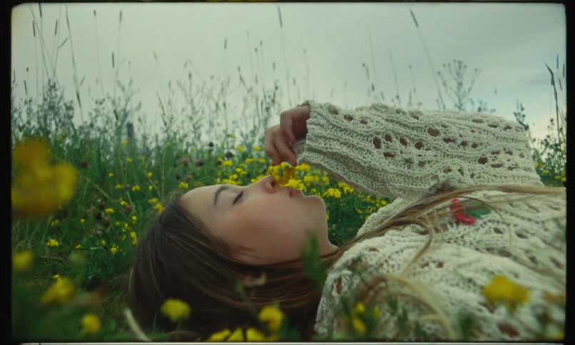 A girl is lying in a field of tall grass and yellow flowers as she holds a flower to her nose and smells