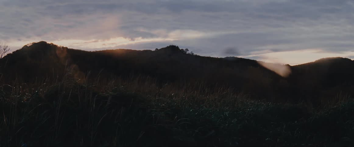 A pasture field during sunset with a cloudy sky