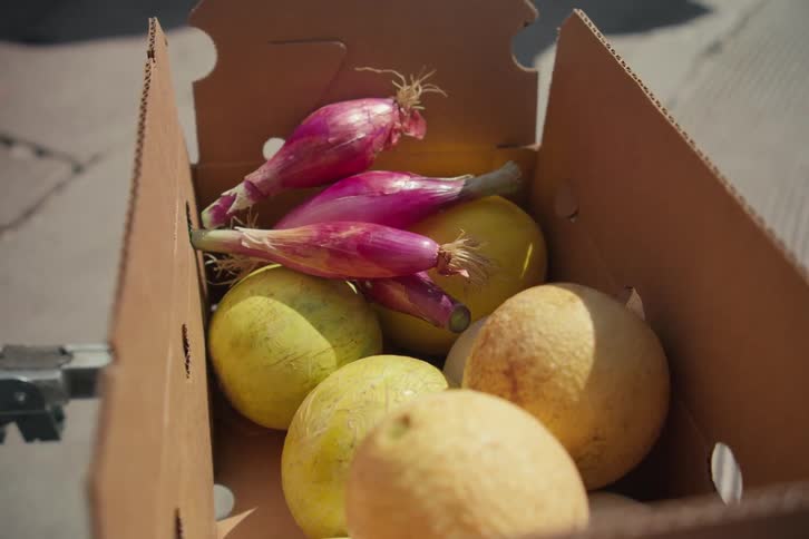 A cardboard box in the market filled with fresh vegetables