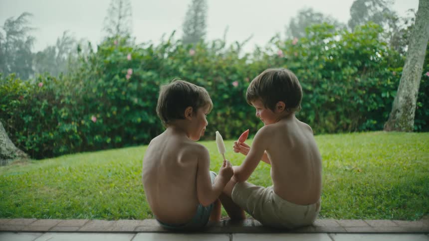 Two shirtless boys eating popsicles in the backyard
