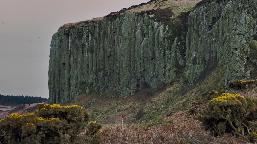 Red flag waves below rock wall cliff outdoors