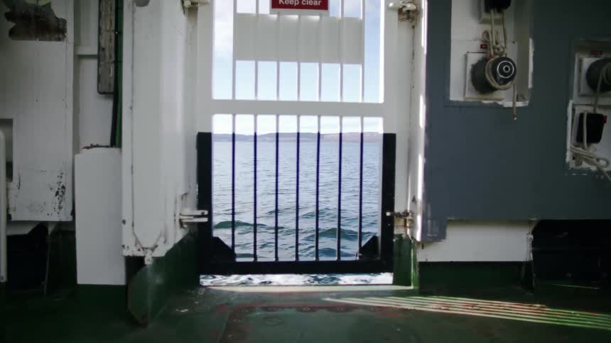 A room interior view of a ship traveling the sea