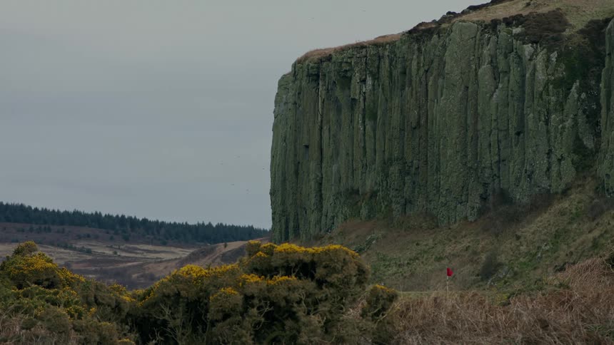 Red flag waving at the base of a steep cliff with vertical lines and wild vegetation