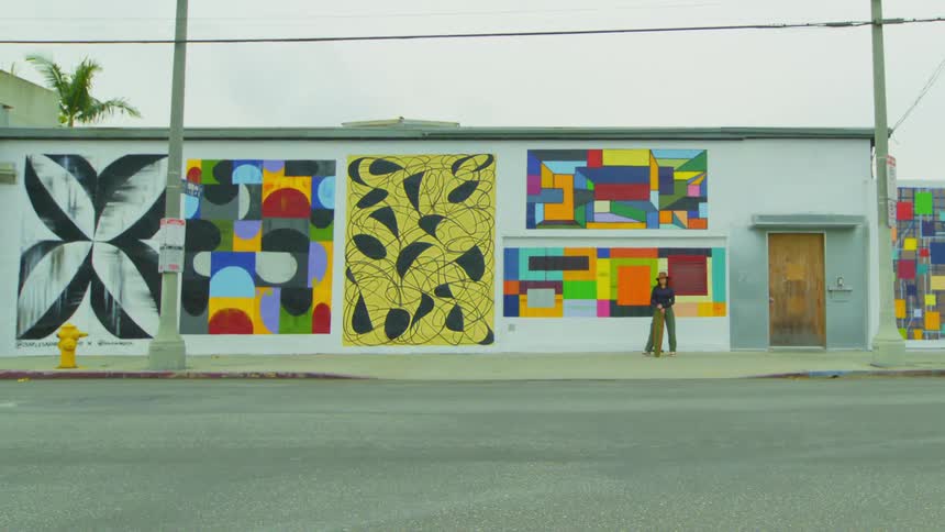 A person with a skateboard stands in front of a wall with various abstract and geometric murals