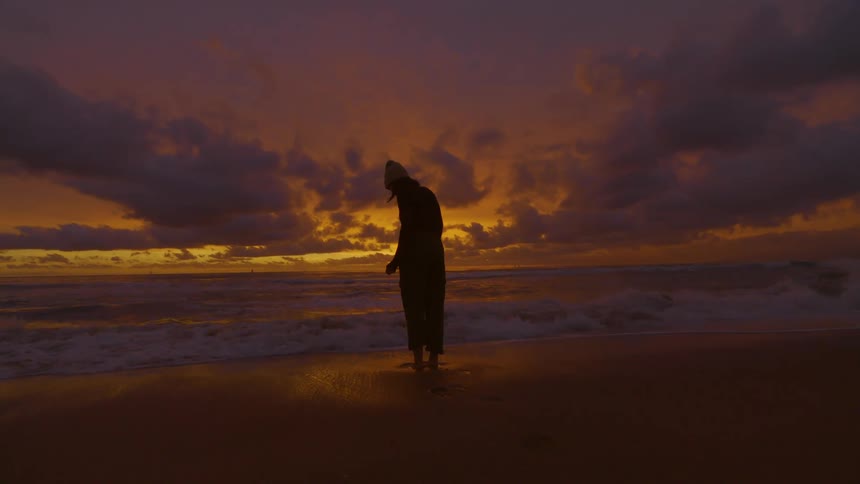 Silhouette of a woman standing at the shore of a beach at sunset