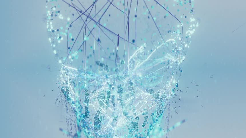 Digital art of a human head made of glowing blue particles and shapes that are breaking apart